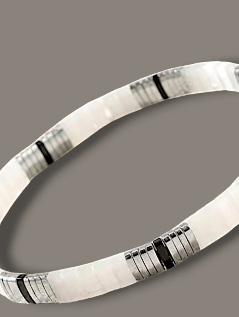 Stackable Black, White, Silver Tila Glass Beaded Stretch Bracelet 6.5"